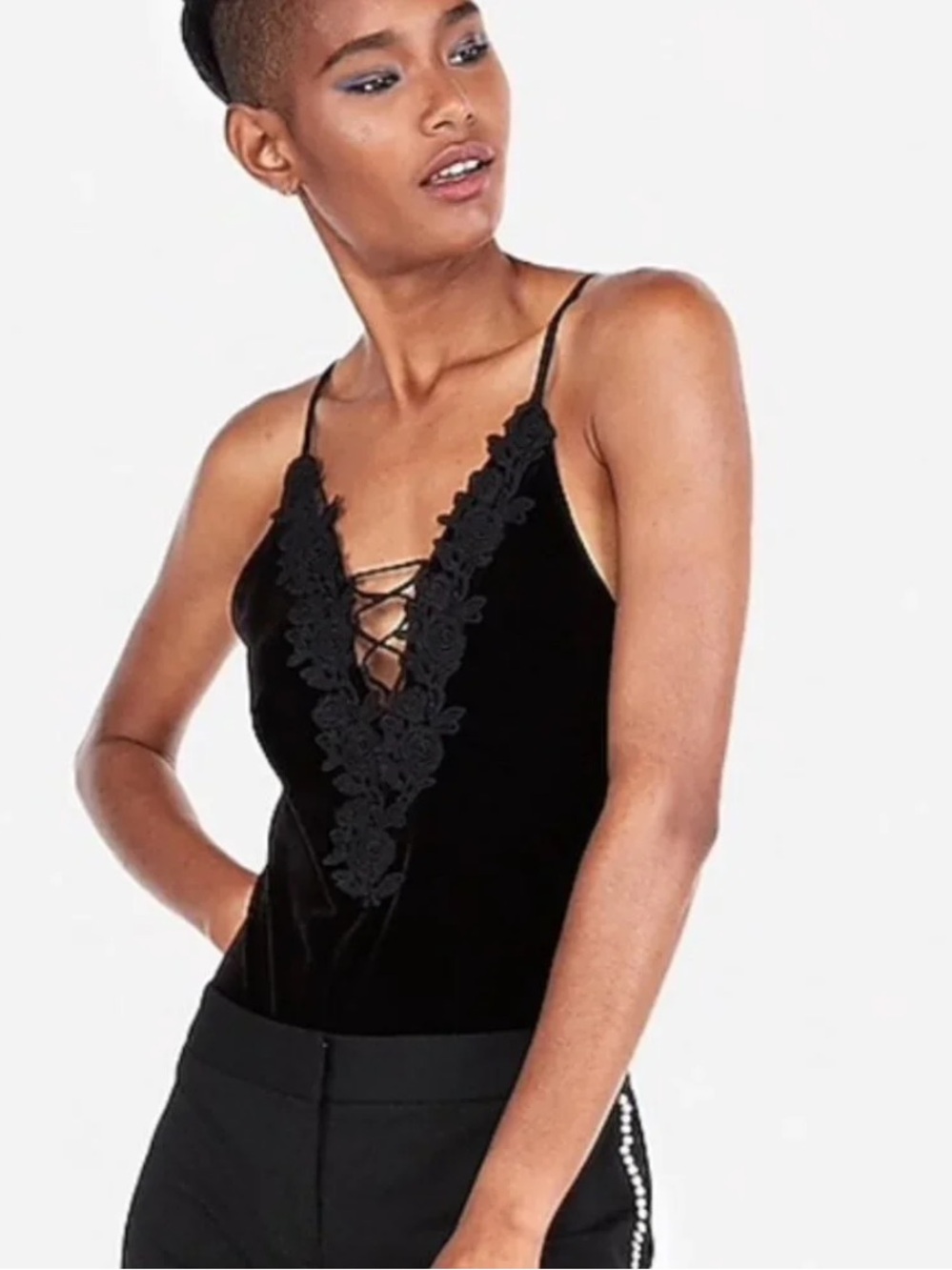 NWOT Express Black Lace-Trim Velvet Cami bodysuit